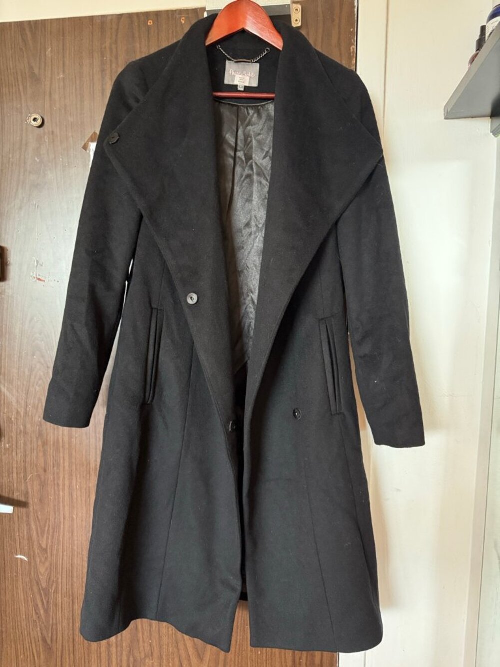 Phase Eight Black Wool Blend Wrap Coat Size 8 – Belt Missing